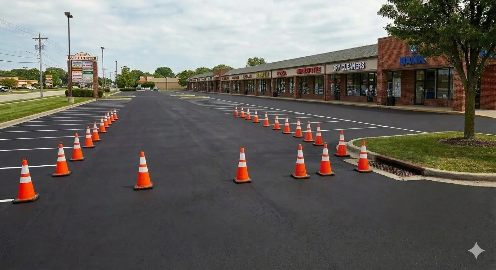 Parking lot after sealcoating and striping — fresh black surface