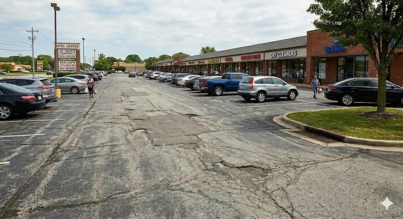 Parking lot before sealcoating — cracked and faded