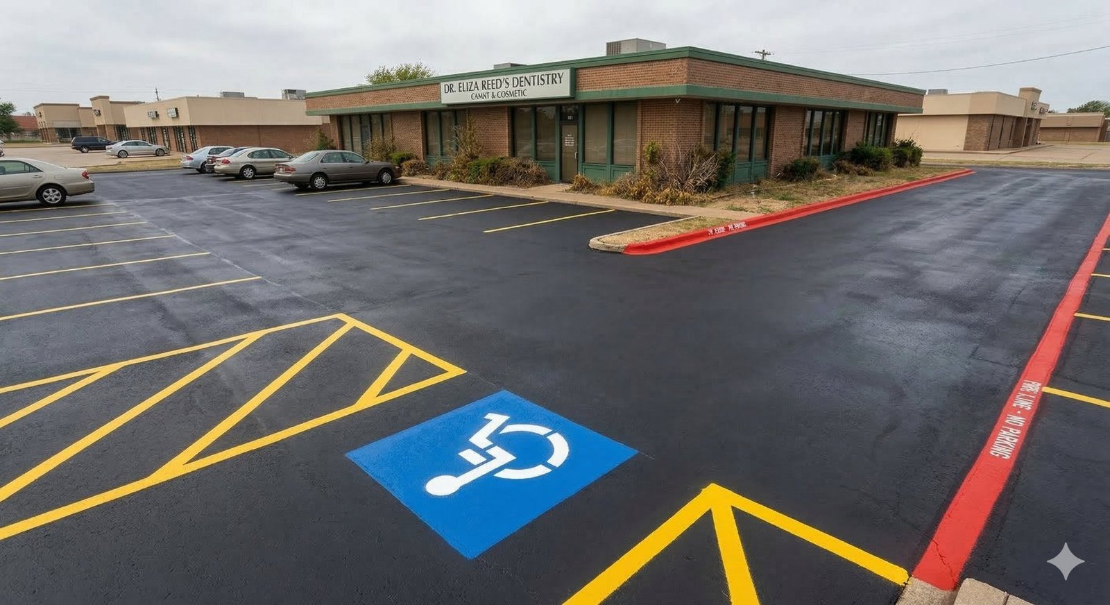 Medical office parking lot with fresh red fire lane curb, yellow striping and ADA markings