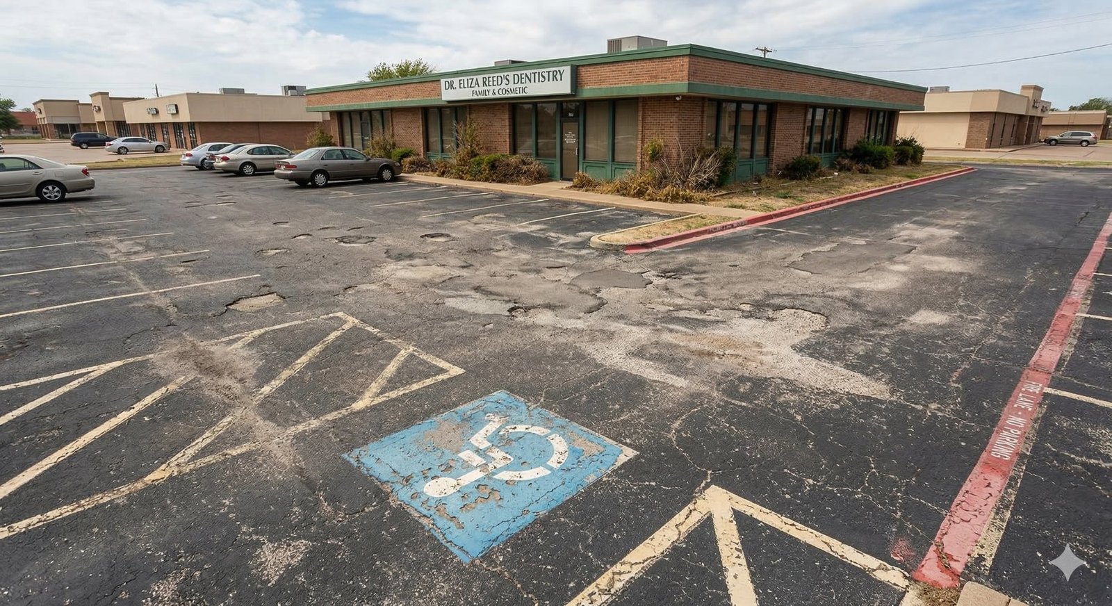 Dentist office parking lot before — faded ADA markings, cracked and worn asphalt