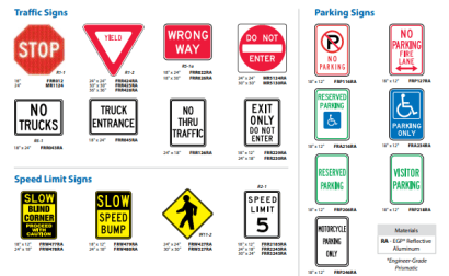 Parking lot and traffic sign options — stop, no parking, ADA, reserved, and speed limit signs