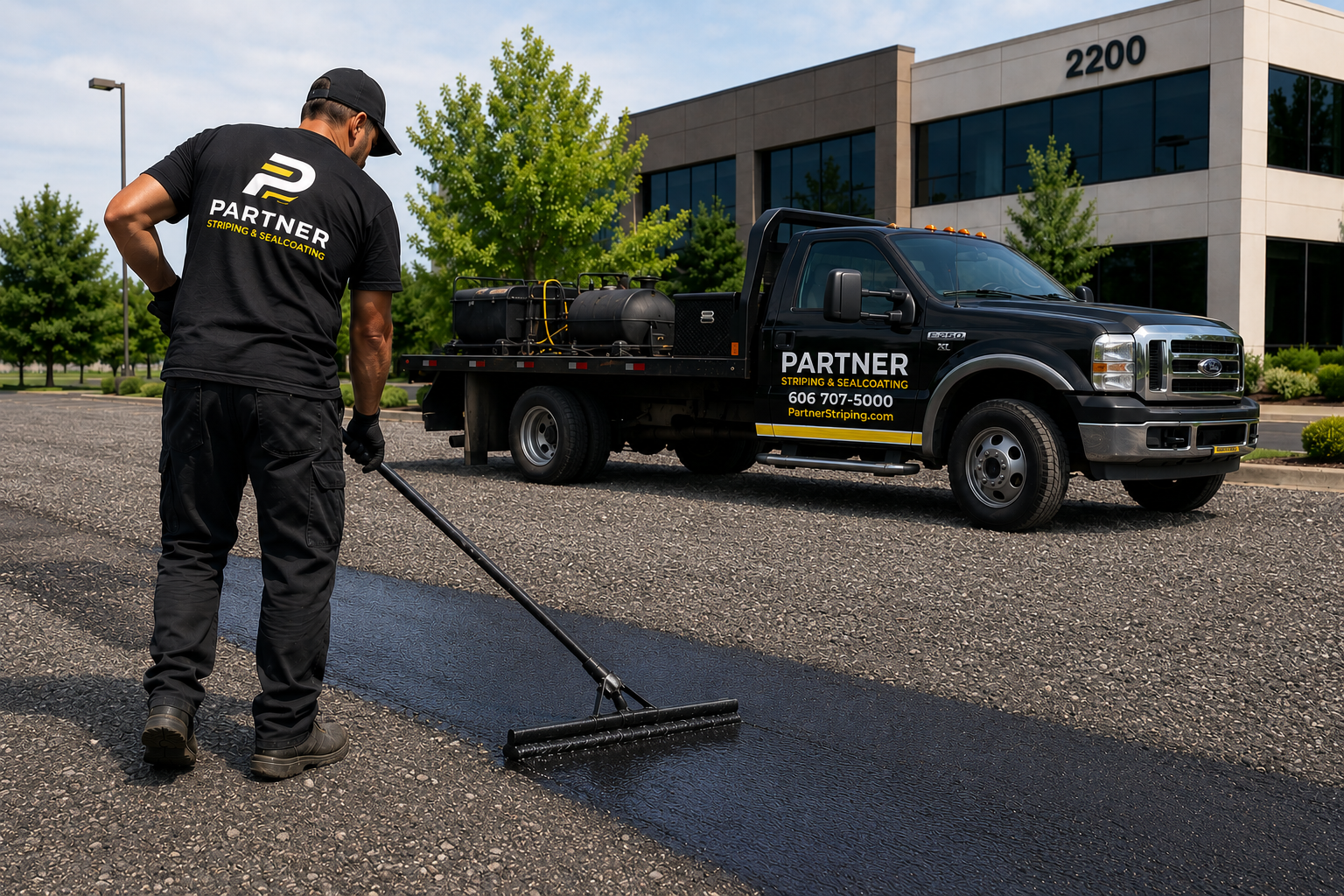 Partner Striping technician applying fresh sealcoat to commercial parking lot